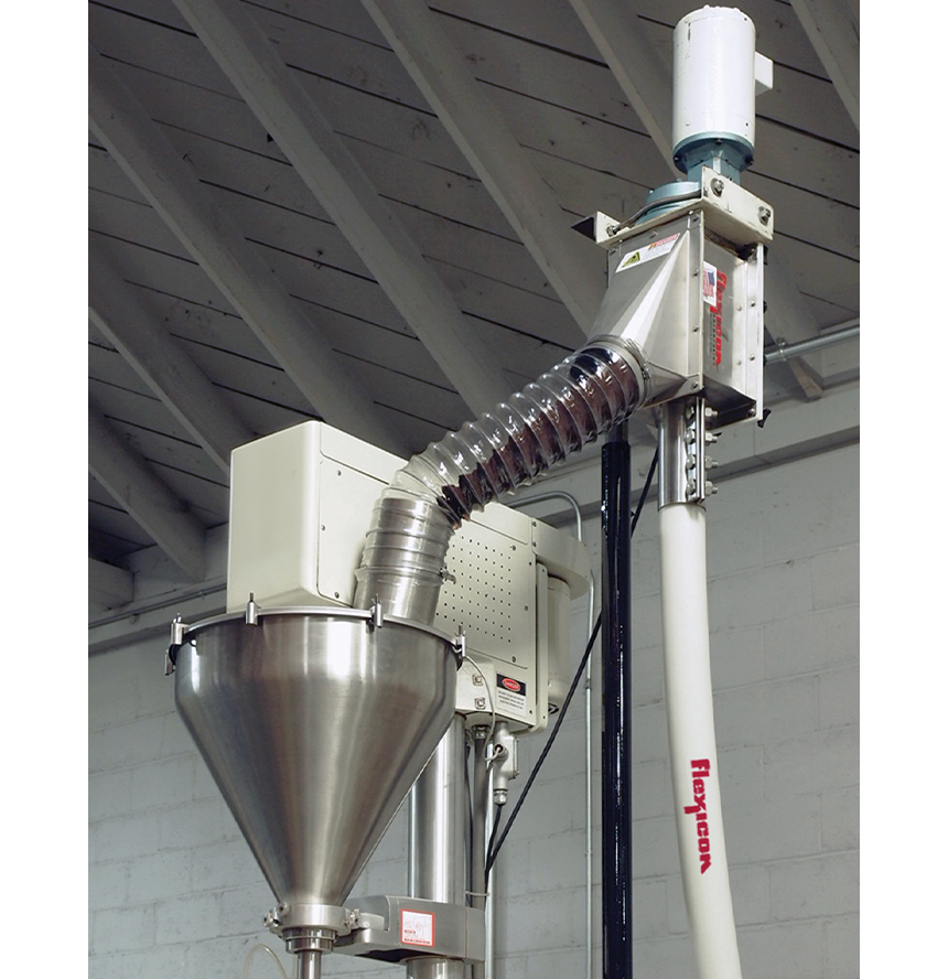 Enclosed tube-type flexible screw conveyor — drive head with motor on top, flexible tube and conical hopper at the base (third-party reference photo)