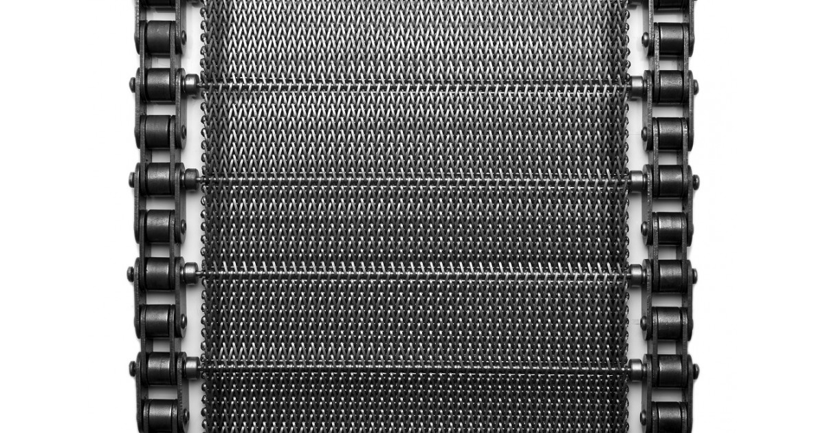 Chain-edge mesh belt seen from above — stainless mesh centre with roller chain edges on both sides (third-party reference photo)