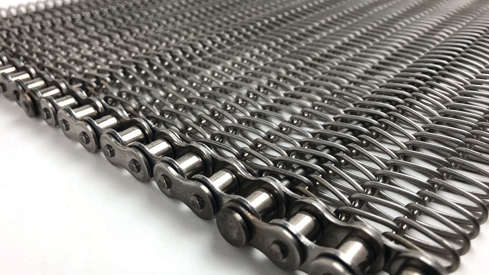 Close-up of a positive-drive chain-edge mesh belt — mesh body joined to a roller chain edge (third-party reference photo)
